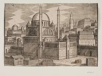Unidentified Mosque with Two Minarets, Viewed from the Northeast; Construction Site with Stacked Building Stones in the Foreground