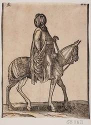 Unarmed Well-Fed Older Rider with a Turban on His Head, Profile Towards the Right