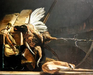 A Still Life of a Dead Pheasant hanging from a Hook