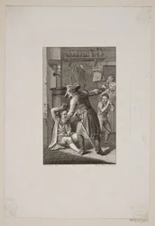 Illustration with Uniformed Person Fighting a Lying Man