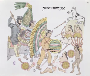 Hernando Cortes, Under Siege at Tenochtitlan, Resolves to Leave the City, Illustration from a Facsimile of a Mexican Indian Picture History Lienzo de Tlaxcala of c.1550, 1892