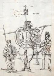 Picarus, or Pizarro, and War Horse, illustration from Historia de Tlaxcala by Diego Munoz Camargo