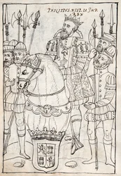 Philip II Seated on Horseback, Wearing the Order of the Golden Fleece, Surrounded by Men-at-Arms, illustration from Historia de Tlaxcala by Diego Munoz Camargo