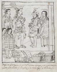 Montezuma meets Cortez, from Historia de Tlaxcala by Diego Munoz Camargo