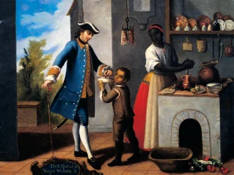 White Spanish man, Black woman and mixed race son (mulatto), Painting on theme of miscegenation