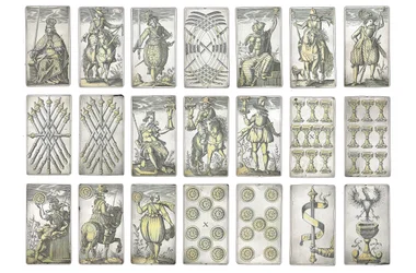 (detail) of an extremely rare set of 52 playing cards engraved in the four Italian suits, Augsburg