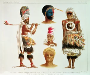Various Dancing Costumes Worn at Nakello, Fiji, Illustration from 