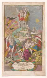 Atlas and Hercules carrying the celestial sphere (Title page for: Johann Baptista Homann, Atlas Novus Terrarum Orbis Imperia, Regna et Status exactis Tabulis Geographicè demonstrans, 1729)