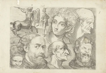Study Sheet with Drawing Examples: Centaur, Standing Figure and Heads