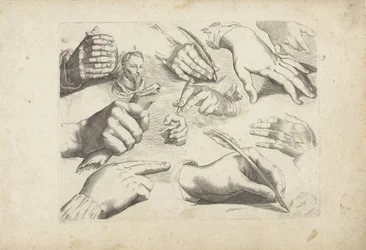 Study Sheet with Drawing Examples: Hands and Portrait of Hendrick Goltzius