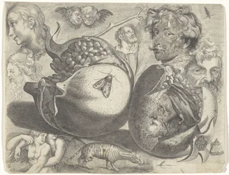 Study sheet with drawing examples: heads, figures, fruits, animals
