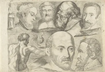 Study Sheet with Drawing Examples: Standing Figure, Rooster and Heads