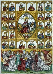 Jesus surrounded by the Symbols of the Four Evangelists and many kings carrying harps and gold cups