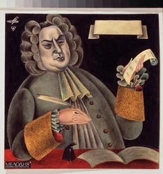 Portrait of Composer Johann Sebastian Bach (1685-1750). Work by Mikhail Mikhailovich Shemiakin (Michel Chemiakin) (born 1943), watercolor and ink on paper. Russian Art, 20th Century, Modern Art. State Art Gallery, Lviv (Lvov or Leopol) (Ukraine).