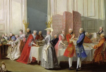 English Tea in the Salon des Quatre Glaces at the House of the Prince de Conti, Palais du Temple, detail of the guests, 1766