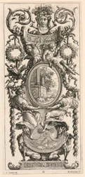 Ornamental Panel Surmounted with a Head Flanked by Foliage, plate 11 from the Livre de Diverses Grotesques peintes dans le Cabinet et Bains de la Reyne Regente, au Palais Royale