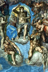Christ, detail from "The Last Judgement", in the Sistine Chapel, 16th century, with self-portrait of Michelangelo as Saint Bartholomew holding flayed skin