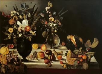 Still life with flowers and fruit