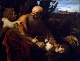 The Sacrifice of Isaac. An angel holds Abraham