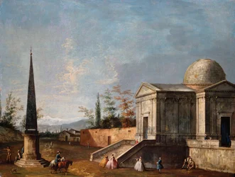 Elegant Figures in Front of a Domed Classical Church, an Obelisk to the Left