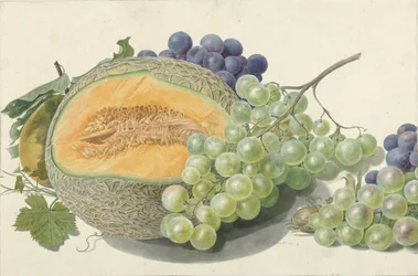 A Melon, Bunches of Grapes, a Peach and Hazelnuts