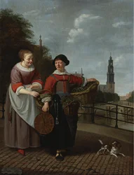 A Female Vegetable Seller and a Housewife at the Eenhoornsluis in Amsterdam, in the Background the Westertoren