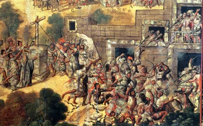 (detail) The Attempt to Pull Down the Cross facing the idols and stone throwing and arrow shots against Montezuma