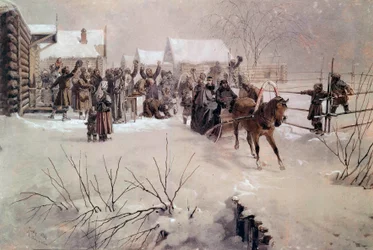 Tsar Alexander II (1818-1881) in a sleigh crosses a village under snow