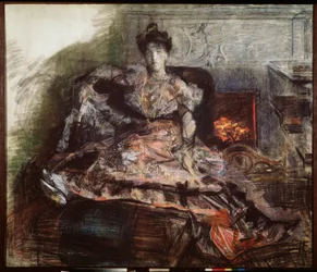 After The Concert - Portrait Of N Zabela-Vrubel At The Fireplace In A Dress Designed By Vrubel. Work by Mikhail Alexandrovich Vrubel