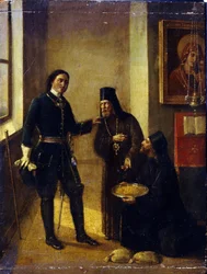 Bishop Mitrophan of Voronezh donating to Peter I for the Azov fleet construction in 1696