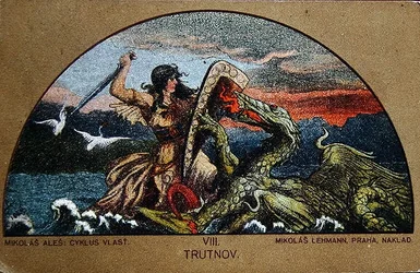 Postcard depicting the Knight Trut fighting the Dragon of the Rocks, c.1900