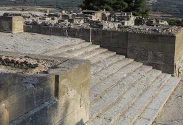 Minoan archaeological site of Phaistos. Staircase starting in the west court and leading to The Propylaea, the principal and the most impressive entrance to the new palace (1700-1450 BC). Phaistos, Crete.