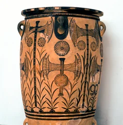 Minoan art: terracotta vase from the Neopalatial period, decorated with symbols of the deities and representations of the sky and the earth, as well as the double axe, symbol of Cretan civilization. From Knossos (Cnossos), Archaeological Museum Heraklion