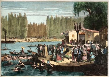 Swimming at La Grenouillere, just outside Paris - La Grenouillere at Croissy-sur-Seine in 1869 - after Miranda