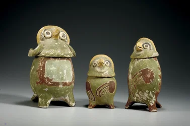 Three Mixtec polychrome terracotta effigy vessels, c.900-1200