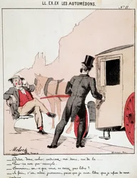 Cartoon of transport in the city. A bourgeois asks a coachman to take him to a street and is surprised that he refuses since he is free asks him why. The driver says that it is precisely because he is free of his choices that he refuses