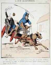 Cartoon of transport in the city. A coachman leads a bourgeois at all pace in the city under the pretext that he refuses to pay him on time but wants to pay him for the race. Drawing by Moloch, around 1860