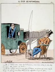 Cartoon of transport in the city. A coachman pays on time stops at a cafe to take a bock under the rales of the bourgeois he carries. Drawing by Moloch (1849-1909), around 1860.