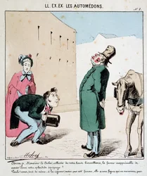 Cartoon of transport in the city. A man begs a coachman to transport him and his wife. The haughty coachman refuses to allow the woman to board. Drawing by Moloch (1849-1909), around 1860.