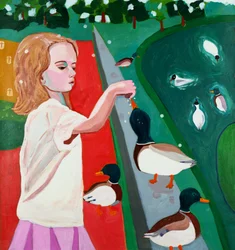 Girl Feeding Ducks in Park