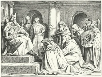 The envoys of Caliph Harun al-Rashid bringing gifts to the Emperor Charlemagne, 802