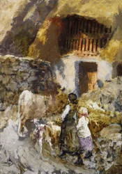Girls Driving Animals to a Barn