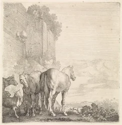 Two Horses with Goats and a Cow by a High (City) Wall (series title: Quadrupeds)
