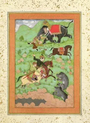 Rajput princes hunting bears; a mahout and his elephant rescue a fallen horseman from a tiger, from the Large Clive Album