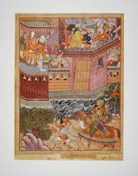 Hamza and Umar exchange insults with Ghazanfar and challenge him to battle outside the fortress of Armanus, c.1570