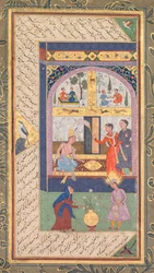 Zulaykha in her palace and as an old woman with Joseph, from a Panj Ganj Five Treasures, 1603-1