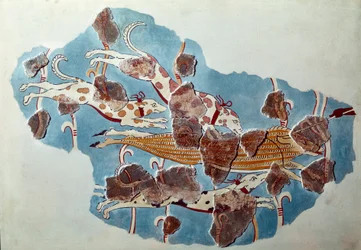 Mycenian art: hunting scene, dogs chase wild boar