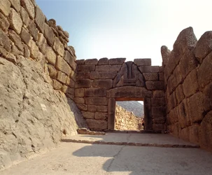 View of the Gate of the Lions in the Town of Mycenae, Greece