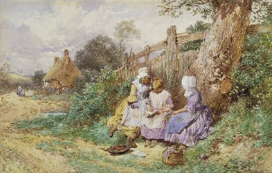 Children Reading Beside a Country Lane