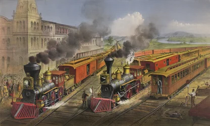 American Railroad Scene: Lightning Express Trains Leaving the Junction
